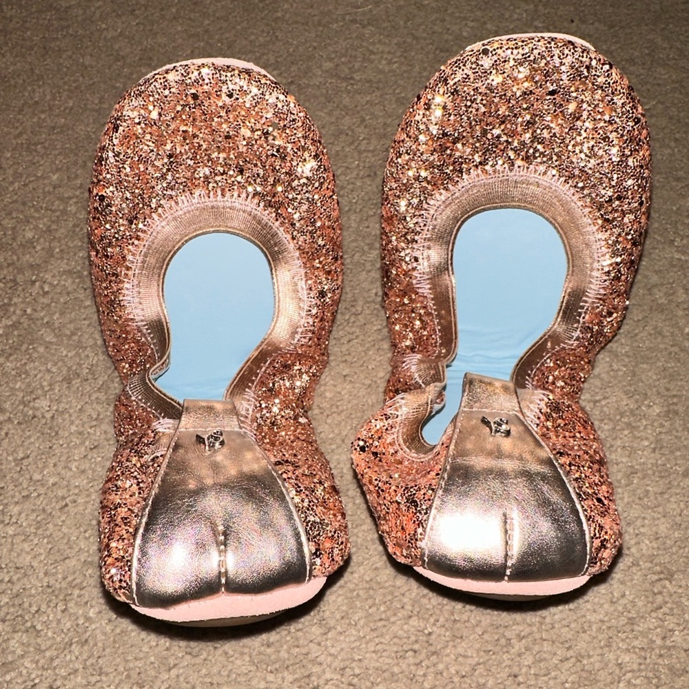 NWB Yosi Samra Hitched Rose Gold Glitter Foldable Flats Size 8